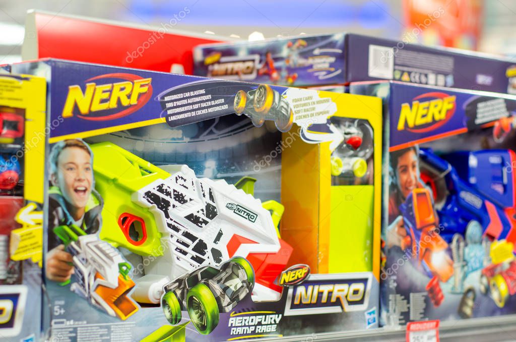 Soest, Germany - January 12, 2019: NERF Toy Guns for sale.