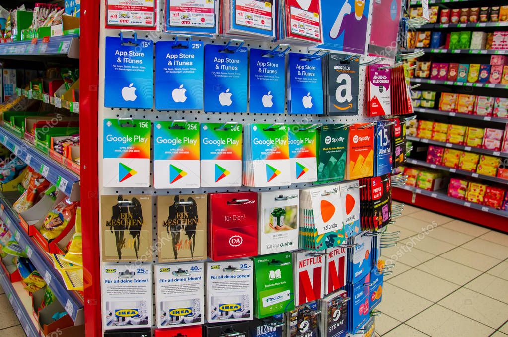 Soest, Germany - August 3, 2019: Different Gift Cards for sale in the shop.