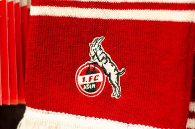 Blankenheim, Germany - July 27, 2019: 1. FC Kln or FC Cologne logo on Football Scarf