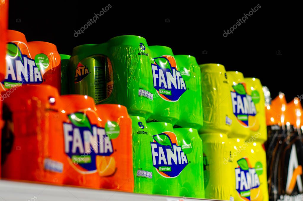 Vianden, Luxembourg - July 27, 2019:  Fanta on row display for sale in the store.