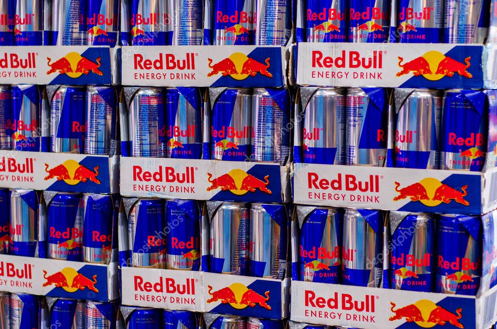 Vianden, Luxembourg - July 27, 2019: Red Bull drinks for sale in the store.