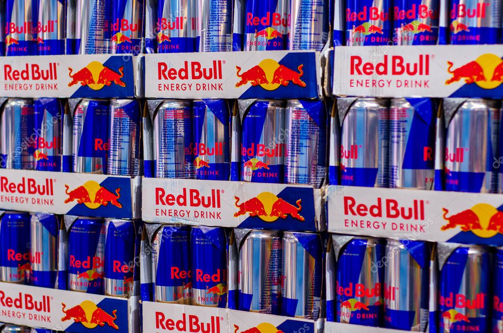 Vianden, Luxembourg - July 27, 2019: Red Bull drinks for sale in the store.