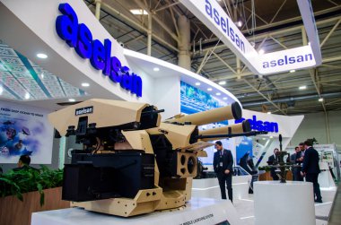 Kyiv, Ukrayna - 09 Ekim 2019: Aselsan Exposition Stand. Aselsan, Türk Silahlı Kuvvetleri için taktik askeri telsiz ve savunma elektronik sistemleri üreten bir Türk şirketidir..