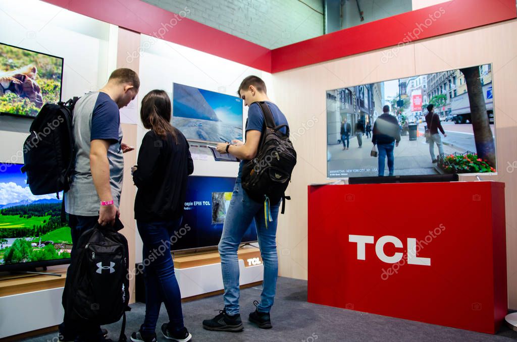 Kyiv, Ukraine - September 28, 2019: TCL Exposition Stand at the exhibition