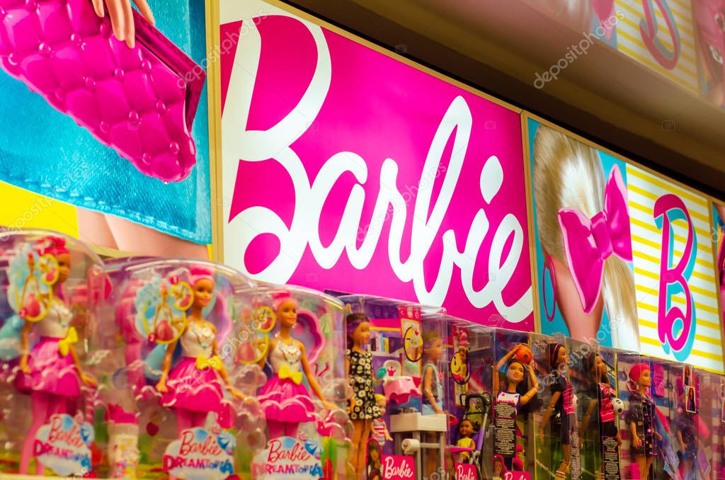 Kyiv, Ukraine - October 27, 2019: Barbie Toys for sale in the store. Barbie is a fashion doll manufactured by the American toy company Mattel, Inc. and launched in March 1959.