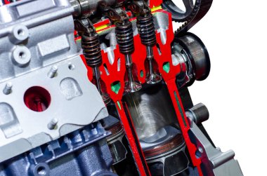 Motor pistonu ve silindir kesitinin yakın plan görüntüsü