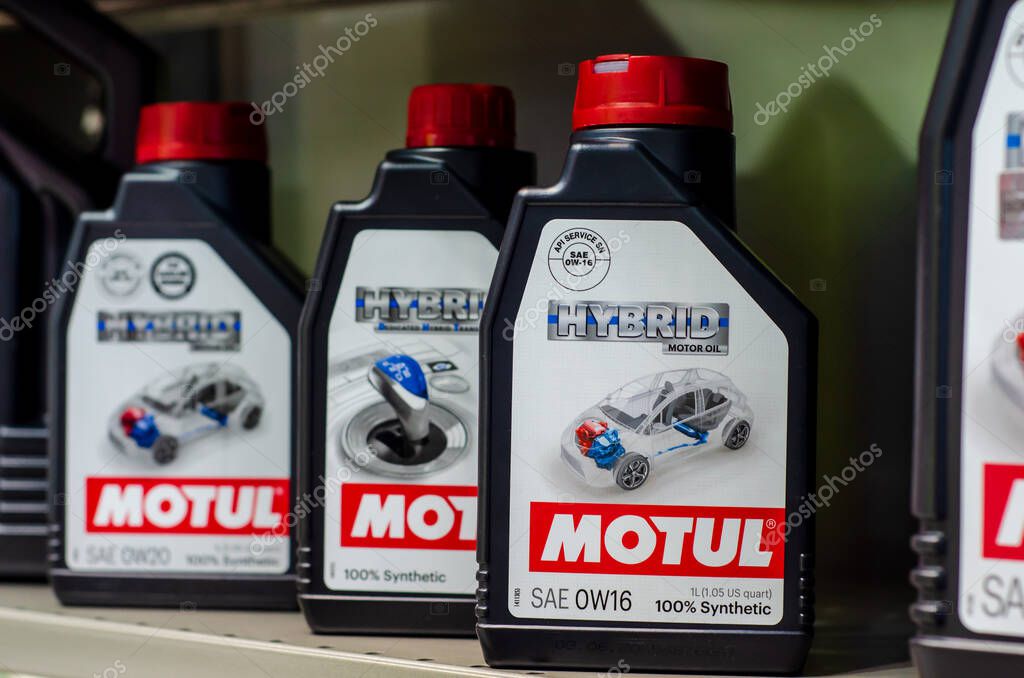 Kyiv, Ukraine - August 19, 2020: Motul Hybrid Motor Oil