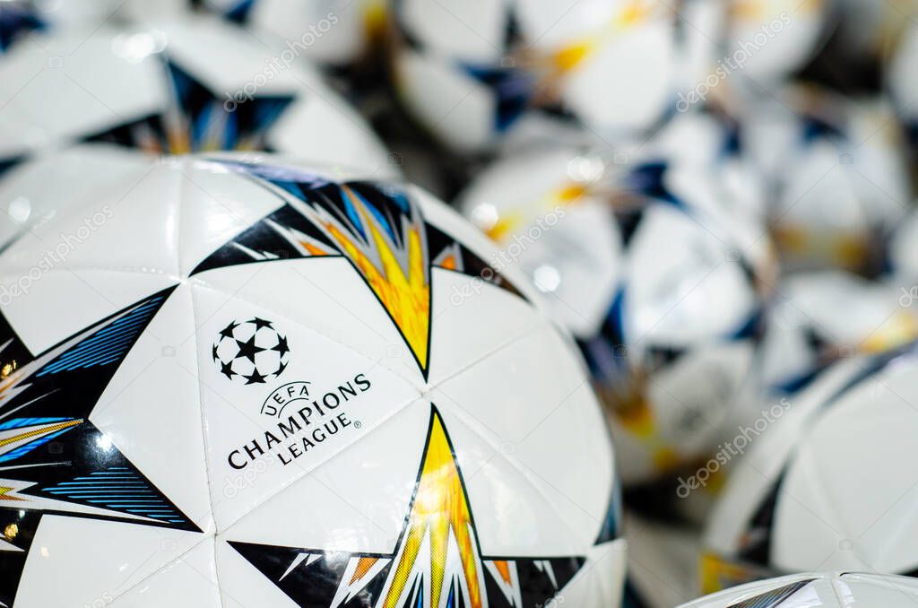 Kyiv, Ukraine- May 24, 2018: Balls with logo UEFA Champions League in UEFA Champions League Superstore.