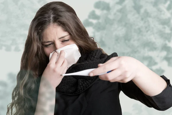 Pale Sick Woman Flu Checking She Has Fever Thermometer Coronavirus — Stock Photo, Image