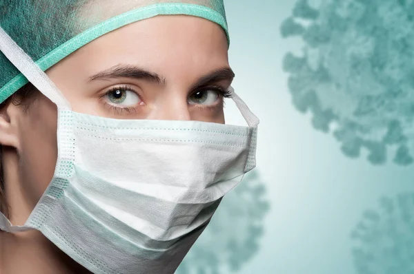 Closeup portrait of a female doctor with face mask during the coronavirus pandemic