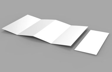 Akordeon dikey broşür kat, on iki sayfa broşür veya broşür mockup, concertina kat. boş beyaz 3d render illüstrasyon.
