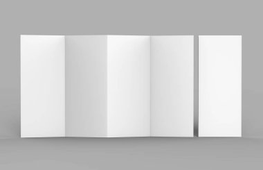 Akordeon dikey broşür kat, on iki sayfa broşür veya broşür mockup, concertina kat. boş beyaz 3d render illüstrasyon.
