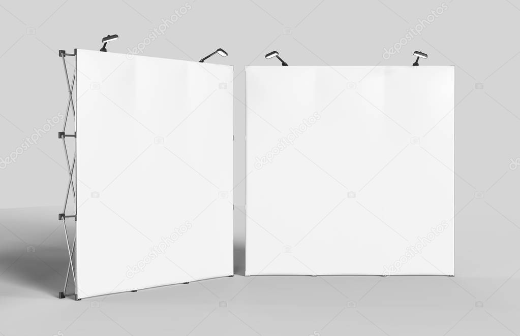 Exhibition Tension Fabric Display Banner Stand Backdrop for trade show advertising stand with LED OR Halogen Light with standees and counter. 3d render illustration.
