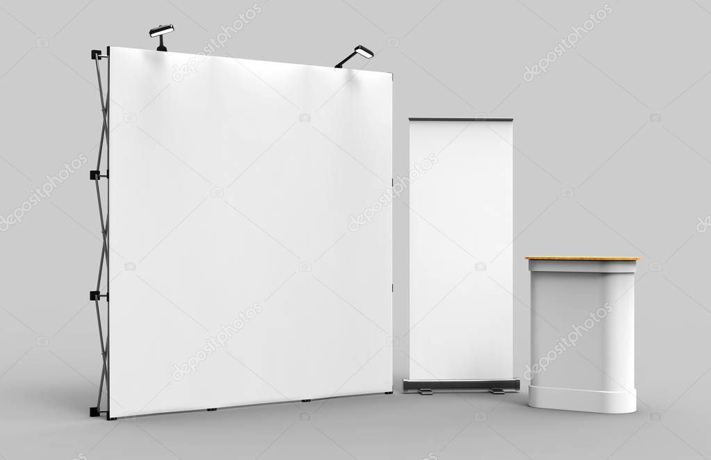 Straight Exhibition Tension Fabric Display Banner Stand Backdrop for trade show advertising stand with LED OR Halogen Light. 3d render illustration.