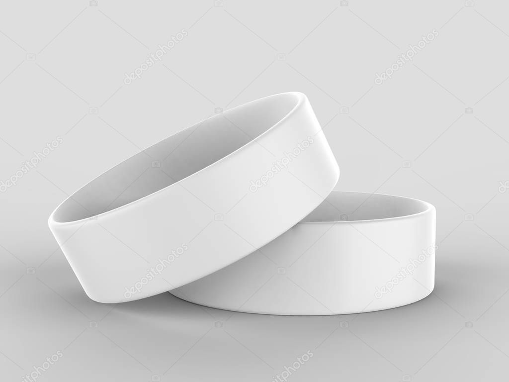 Blank Silicone Wristband, Rubber Bracelet or Party Favor For mockup Design. 3D Render Illustration.