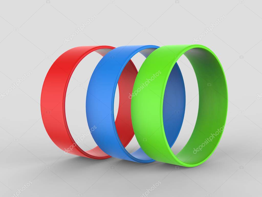 Blank Silicone Wristband, Rubber Bracelet or Party Favor For mockup Design. 3D Render Illustration.