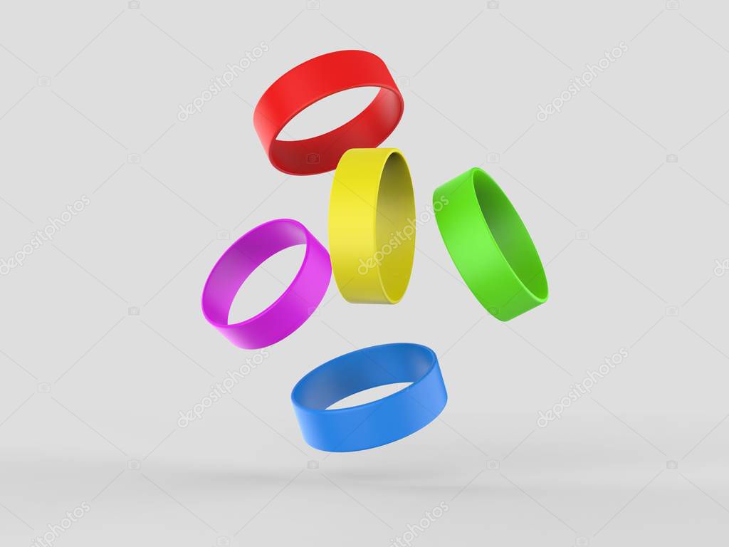 Blank Silicone Wristband, Rubber Bracelet or Party Favor For mockup Design. 3D Render Illustration.