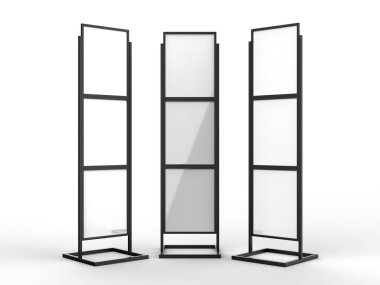 Ücretsiz ayakta duran poster tutucu metal standı, izole edilmiş beyaz arkaplanda şablon oluşturun, tasarım sunumuna hazır, 3d illüstrasyon