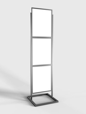 Ücretsiz ayakta duran poster tutucu metal standı, izole edilmiş beyaz arkaplanda şablon oluşturun, tasarım sunumuna hazır, 3d illüstrasyon