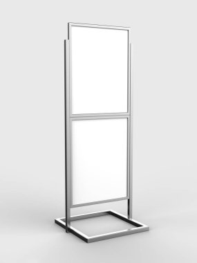Ücretsiz ayakta duran poster tutucu metal standı, izole edilmiş beyaz arkaplanda şablon oluşturun, tasarım sunumuna hazır, 3d illüstrasyon