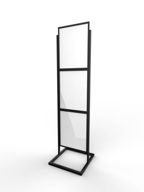 Ücretsiz ayakta duran poster tutucu metal standı, izole edilmiş beyaz arkaplanda şablon oluşturun, tasarım sunumuna hazır, 3d illüstrasyon
