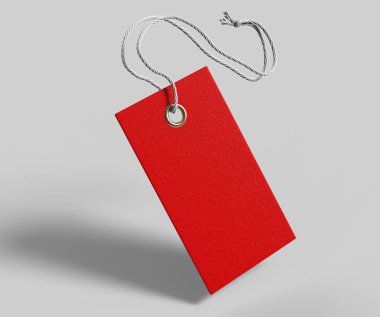İple bağlanmış boş bir etiket. Fiyat etiketi, hediye etiketi, satış etiketi, gri arka planda izole edilmiş adres etiketi. 3d resimleme