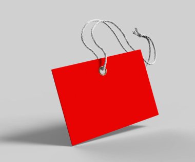 İple bağlanmış boş bir etiket. Fiyat etiketi, hediye etiketi, satış etiketi, gri arka planda izole edilmiş adres etiketi. 3d resimleme