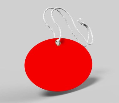 İple bağlanmış boş bir etiket. Fiyat etiketi, hediye etiketi, satış etiketi, gri arka planda izole edilmiş adres etiketi. 3d resimleme