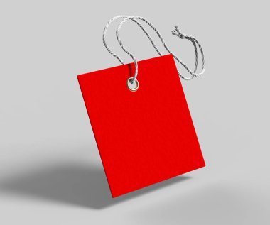 İple bağlanmış boş bir etiket. Fiyat etiketi, hediye etiketi, satış etiketi, gri arka planda izole edilmiş adres etiketi. 3d resimleme