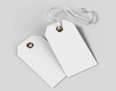 İple bağlanmış boş bir etiket. Fiyat etiketi, hediye etiketi, satış etiketi, gri arka planda izole edilmiş adres etiketi. 3d resimleme