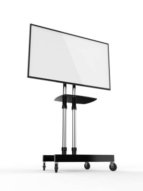Mobil Boş Beyaz Ekran Tv Arabası Standı Mount Cart Sergisi Led Reklam Ekran. 3d render illüstrasyon.