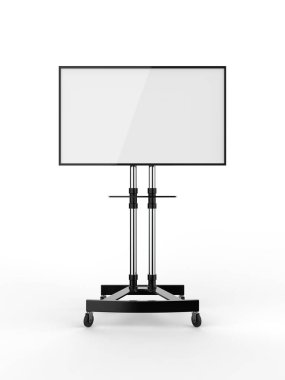 Mobil Boş Beyaz Ekran Tv Arabası Standı Mount Cart Sergisi Led Reklam Ekran. 3d render illüstrasyon.