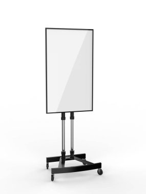 Mobil Boş Beyaz Ekran Tv Arabası Standı Mount Cart Sergisi Led Reklam Ekran. 3d render illüstrasyon.