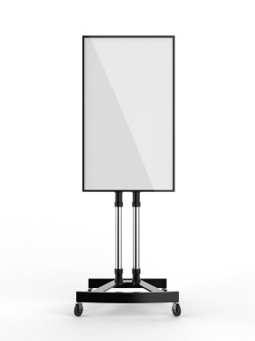 Mobil Boş Beyaz Ekran Tv Arabası Standı Mount Cart Sergisi Led Reklam Ekran. 3d render illüstrasyon.
