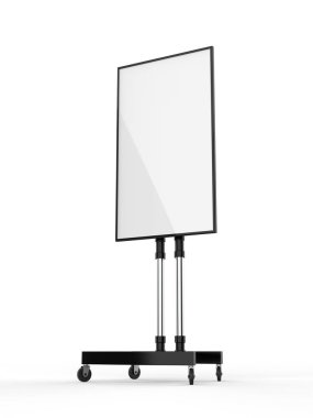 Mobil Boş Beyaz Ekran Tv Arabası Standı Mount Cart Sergisi Led Reklam Ekran. 3d render illüstrasyon.