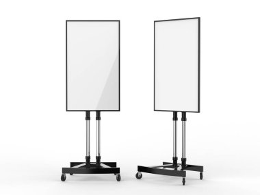 Mobil Boş Beyaz Ekran Tv Arabası Standı Mount Cart Sergisi Led Reklam Ekran. 3d render illüstrasyon.