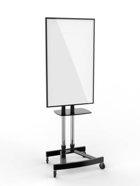 Mobil Boş Beyaz Ekran Tv Arabası Standı Mount Cart Sergisi Led Reklam Ekran. 3d render illüstrasyon.