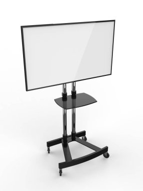 Mobil Boş Beyaz Ekran Tv Arabası Standı Mount Cart Sergisi Led Reklam Ekran. 3d render illüstrasyon.