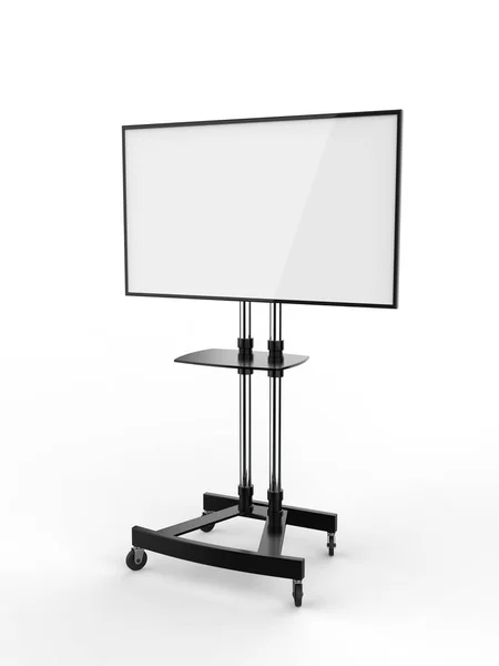 Mobile Blank White Screen TV Trolley Stand Mount Cart Exhibition LED Advertising Display. 3d render illustration.