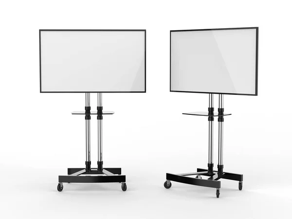 Mobil Boş Beyaz Ekran Tv Arabası Standı Mount Cart Sergisi Led Reklam Ekran. 3d render illüstrasyon.