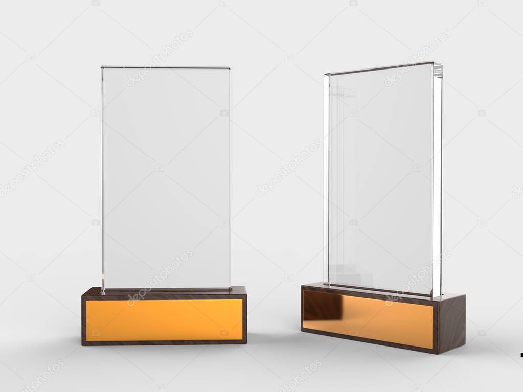 Blank glass trophy mock up stand on wooden base, 3d rendering illustration.