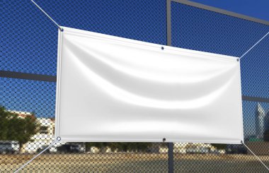Boş Beyaz Kapalı açık Kumaş & Scrim Vinil Banner baskı tasarım sunumu için. 3d render illüstrasyon.