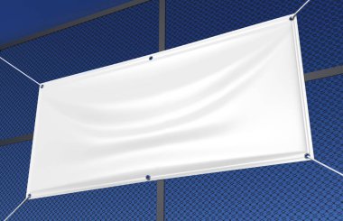 Boş Beyaz Kapalı açık Kumaş & Scrim Vinil Banner baskı tasarım sunumu için. 3d render illüstrasyon.