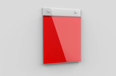 Tasarım sunumu için boş akrilik etiket tutucu duvar masaüstü yapıştırıcı düz etiket tutucu fiyat kartı etiket işareti çerçeve tasarım sunumu, 3d render illüstrasyon.