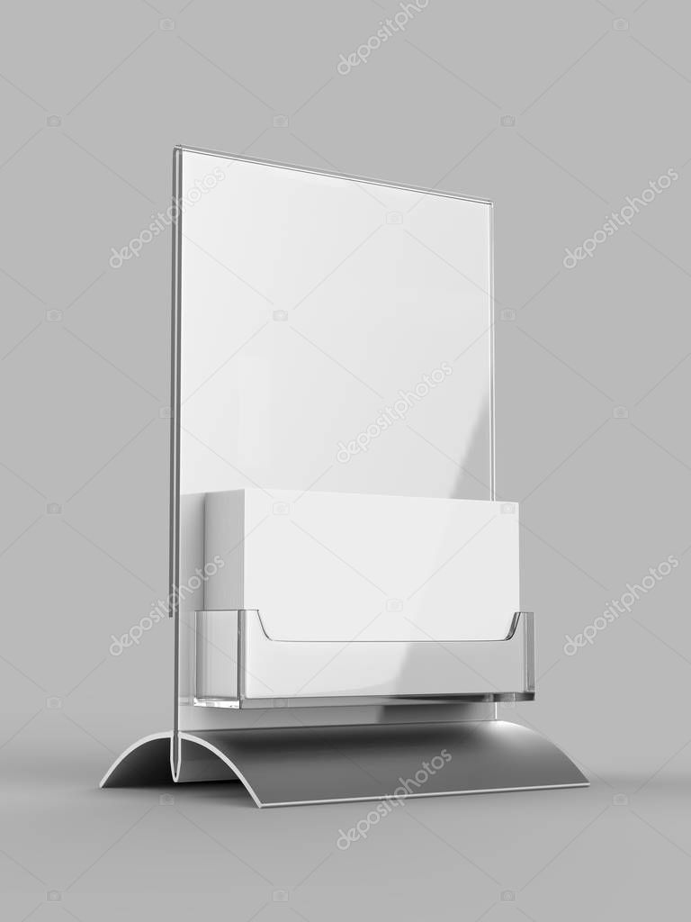 Counter top Acrylic Sign Display with Calling or Business Card Tray or card holder. 3d render illustration.