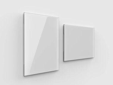 Tasarım sunumu için boş akrilik etiket tutucu duvar masaüstü yapıştırıcı düz etiket tutucu fiyat kartı etiket işareti çerçeve tasarım sunumu, 3d render illüstrasyon.
