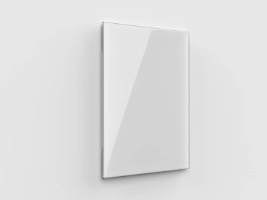 Tasarım sunumu için boş akrilik etiket tutucu duvar masaüstü yapıştırıcı düz etiket tutucu fiyat kartı etiket işareti çerçeve tasarım sunumu, 3d render illüstrasyon.