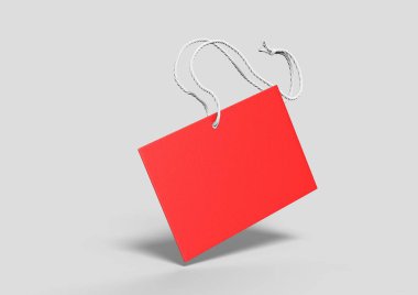 İple bağlanmış boş bir etiket. Fiyat etiketi, hediye etiketi, satış etiketi, gri arka planda izole edilmiş adres etiketi. 3d resimleme