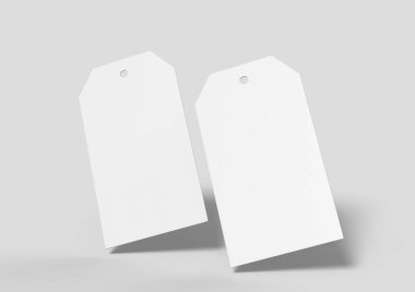 Boş etiket bağlı. Fiyat etiketi, hediye etiketi, satış etiketi, adres etiketi gri arka planda yalıtılmış. 3d render illüstrasyon