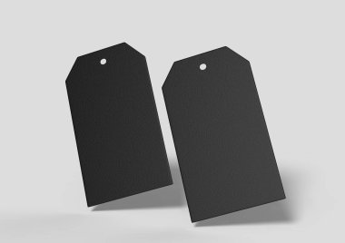 Boş etiket bağlı. Fiyat etiketi, hediye etiketi, satış etiketi, adres etiketi gri arka planda yalıtılmış. 3d render illüstrasyon